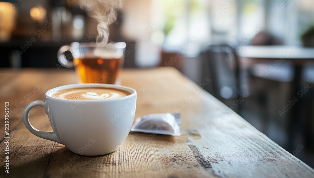 Aromatic Latte on Wooden Table in Cozy Cafe Aromatic Latte on Wooden Table in Cozy Cafe