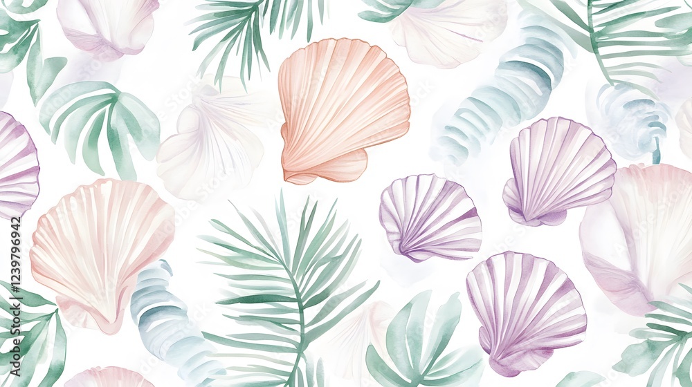 Watercolor Seashells and Tropical Leaves Pattern Watercolor Seashells and Tropical Leaves Pattern