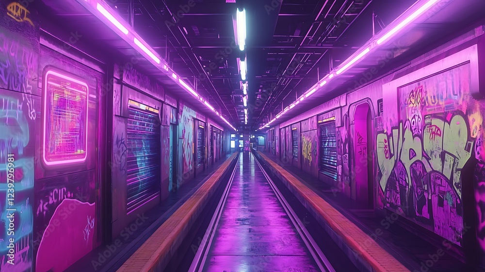 Fototapeta premium Neon-lit corridor with graffiti and shuttered storefronts