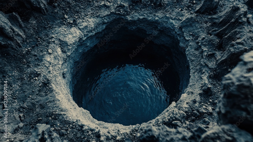 Dark, circular hole in the ground filled with still, deep blue water.