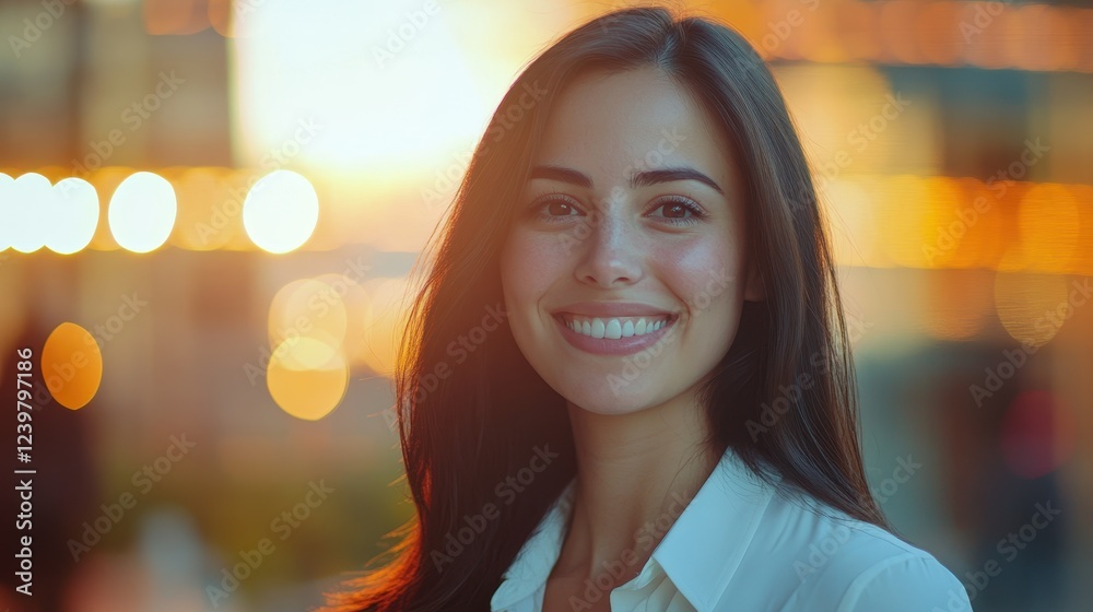 Obraz premium Smiling young woman at sunset, bokeh background. Ideal for themes of happiness, success, or urban life.