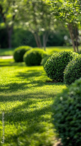 Wallpaper Mural Lush green lawn and neatly trimmed bushes create a serene outdoor landscape design Torontodigital.ca