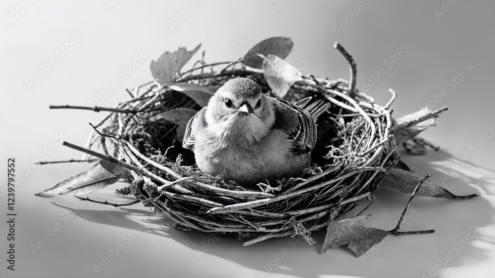 High-contrast black and white photo of a plump bird, its feathers ruffled, sitting comfortably in an intricately woven nest made of twigs and moss. High-contrast black and white photo of a plump bird, its feathers ruffled, sitting comfortably in an intricately woven nest made of twigs and moss.