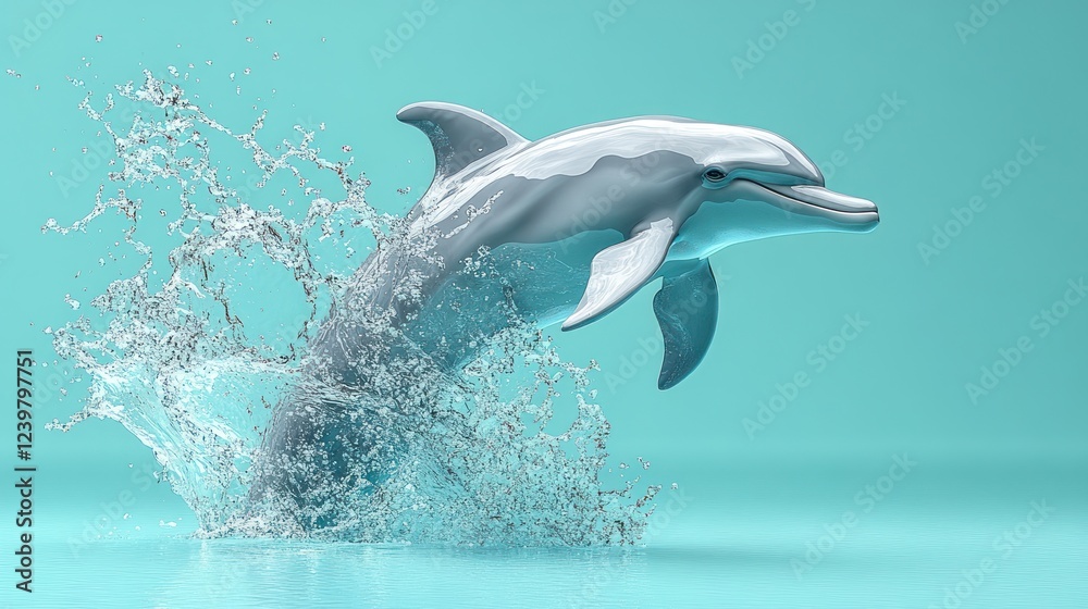 Naklejka premium A sleek, silver dolphin leaps from turquoise water, creating a dramatic splash.
