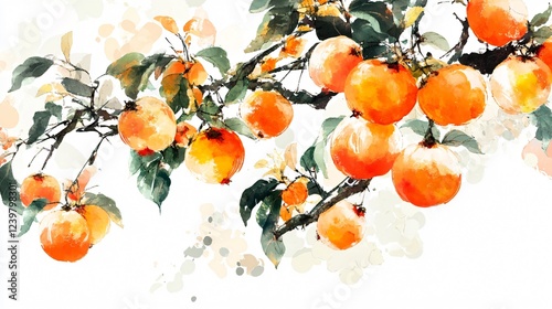 Watercolor Vector of Persimmon, Traditional Chinese Fruit Symbol