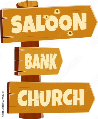 Letter E as wild west signpost with cowboy font, directing to saloon, bank, and church. Cartoon vector vintage western wooden directional sign with pointing arrows. Typeface, type, English alphabet