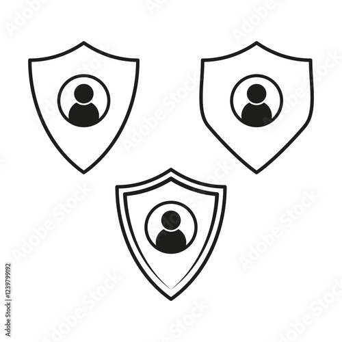 User profile shield. Secure icon symbol. Individual protection vector. Black minimalist design.