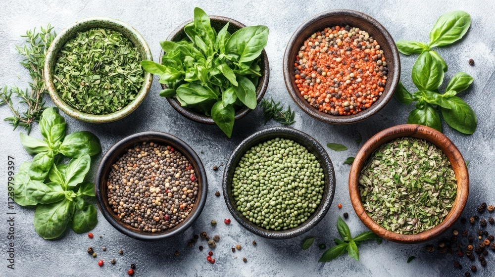Assorted herbs and spices in bowls on a grey background. Assorted herbs and spices in bowls on a grey background.