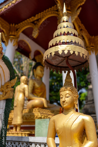 Serene golden Buddha statue sits under a tiered umbrella at a temple, other Buddha figures visible in the background.