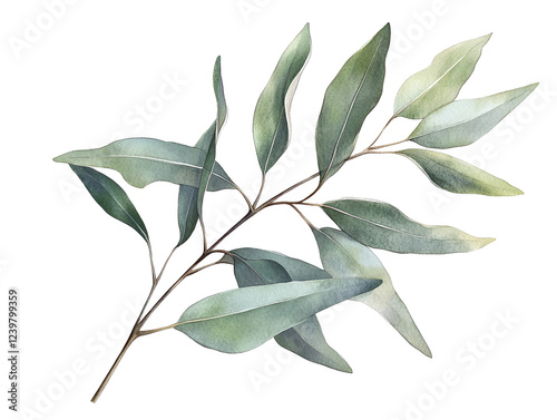 Eucalyptus Branch Watercolor: A delicate yet vibrant watercolor illustration of a eucalyptus branch with its distinctive blue-green leaves.