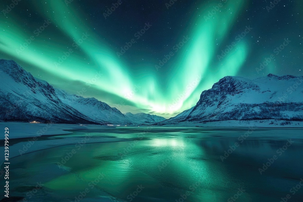 Naklejka premium aurora borealis swirls in starlit mountain landscape