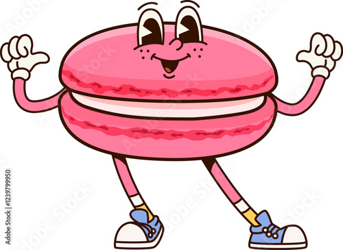 Groovy macaroon dessert character. Isolated cartoon vector sweet confectionery personage pointing on itself with thumbs. Cute French pastry or bakery, confident patisserie product for kids cafe menu