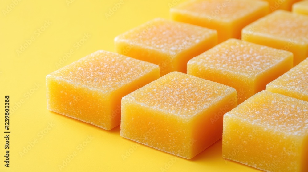 Close-up of several square-shaped, yellow, sugary candies arranged on a yellow background. Close-up of several square-shaped, yellow, sugary candies arranged on a yellow background.