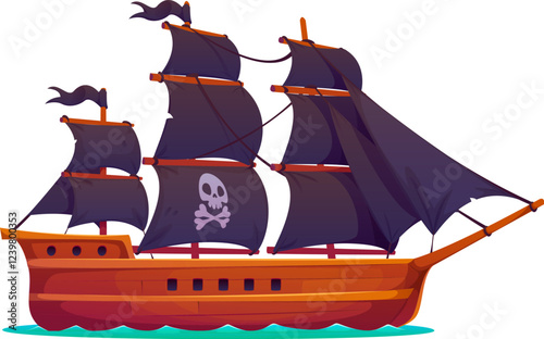 Corsair pirate antique brigantine sail ship. Privateer historical frigate sailboat. Filibuster antique brigantine ship isolated vector or buccaneer ancient caravel warship with Jolly Roger skull photo