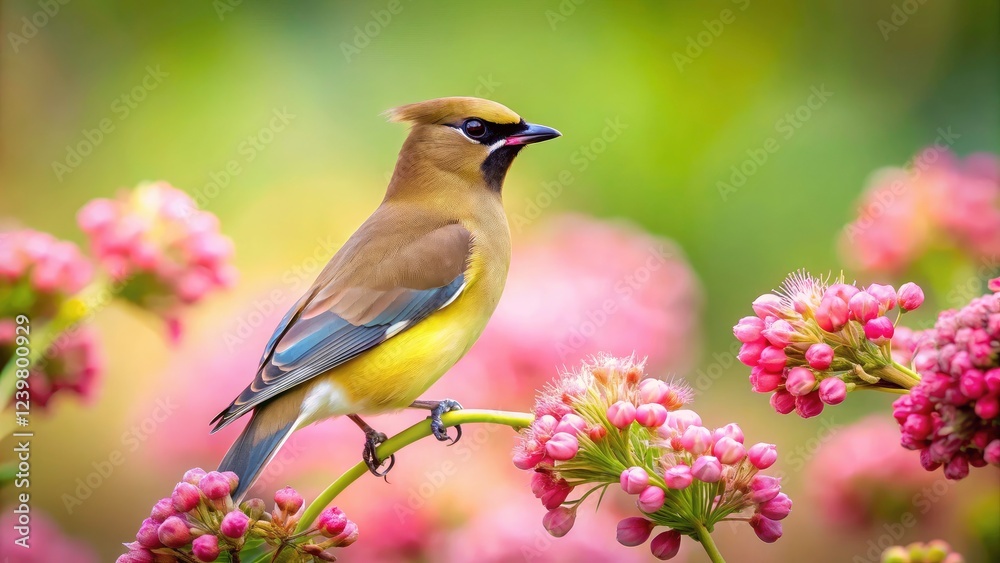 Pink petals frame a cedar waxwing, its plumage vivid against the flower's soft hues. A breathtaking wildlife moment captured. Pink petals frame a cedar waxwing, its plumage vivid against the flower's soft hues. A breathtaking wildlife moment captured.