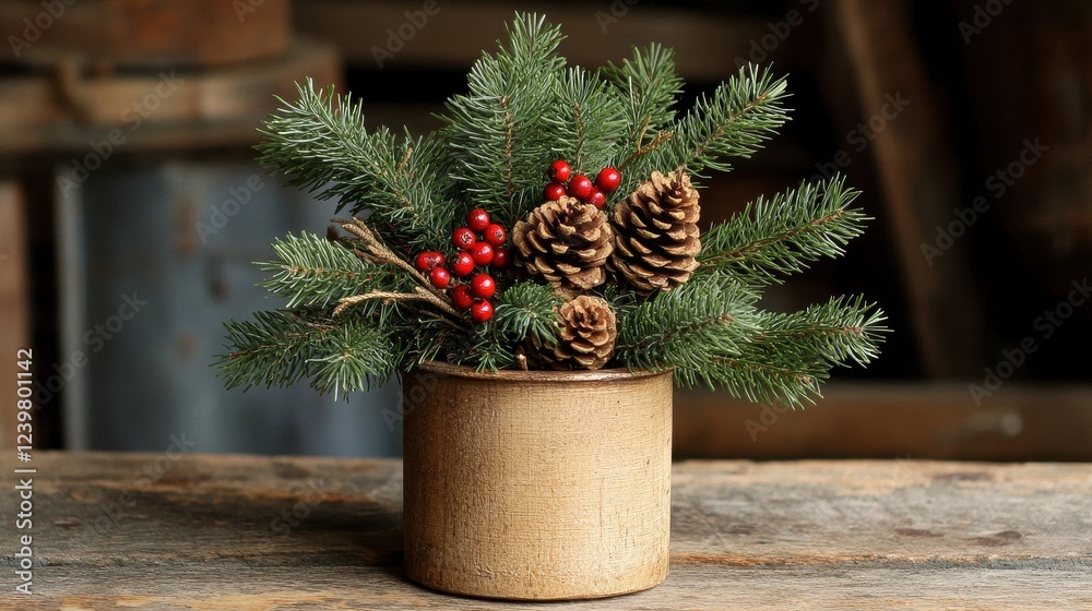 Fototapeta premium Rustic Christmas arrangement in a pot, pine, cones & berries. Perfect for holiday cards, blogs, or rustic winter themes.