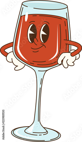 Cartoon groovy red wine alcohol glass character. Restaurant burgundy grape alcohol drink cheerful vintage cartoon vector mascot. Winery merlot beverage, red wine glass happy smiling groovy personage