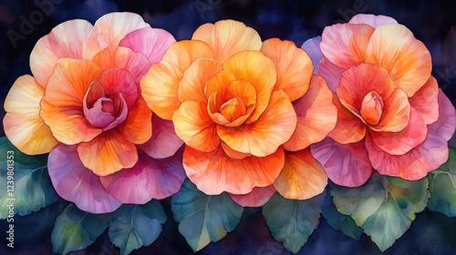 Watercolor painting of three vibrant orange and pink begonias with green leaves on a dark background.