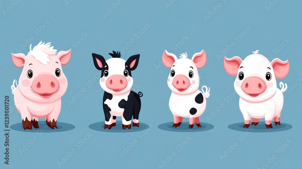 Naklejka premium Four adorable cartoon piglets in different colors and patterns.