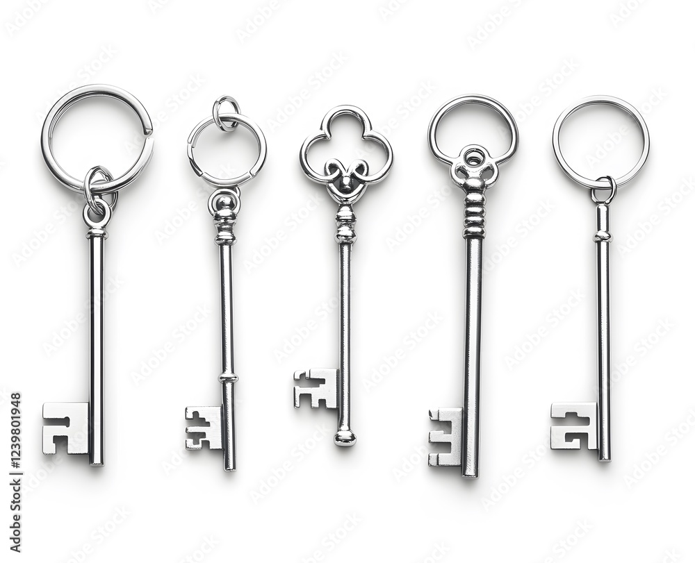 Five Silver Keys Arranged on White Background Five Silver Keys Arranged on White Background