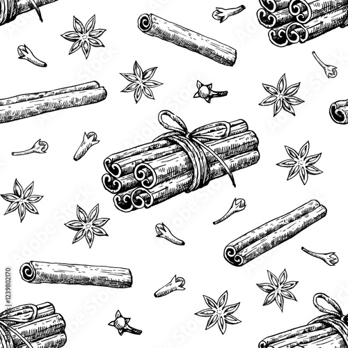 Seamless pattern with cinnamon, star anise and clove. Hand-drawn vector illustration in black and white engraving style.