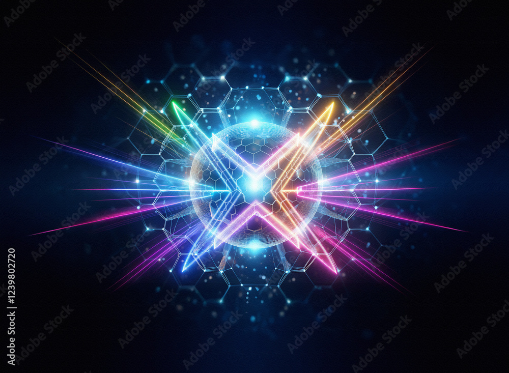 Fototapeta premium A vibrant, double exposure image depicts a glowing orb encircled by multicolored energy streaks and a geometric lattice. The effect is dynamic and futuristic.