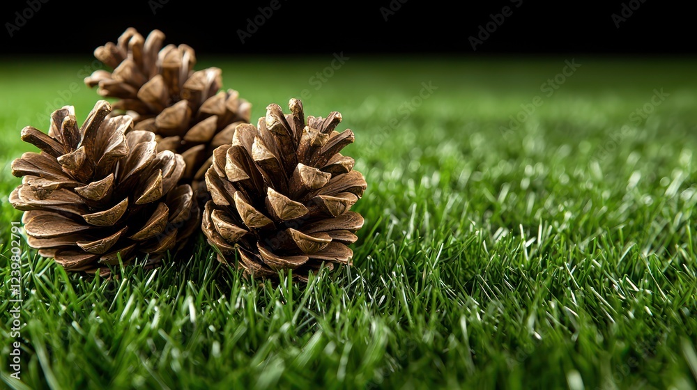 Three pine cones resting on lush green grass against a dark background. Three pine cones resting on lush green grass against a dark background.