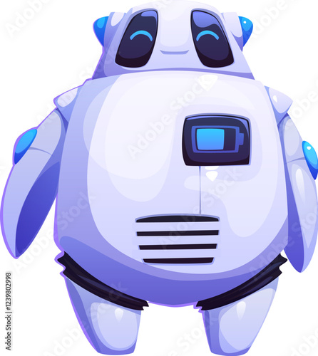 Cartoon futuristic robot mascot character with rounded body, white glossy surface, glowing elements and digital screen on its chest. Isolated vector friendly and approachable AI robotics technology