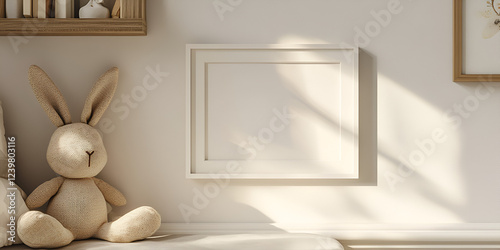 Minimalist Nursery Mockup: A square, framed canvas mockup in a minimalist nursery setting with soft natural light and a plush bunny toy.