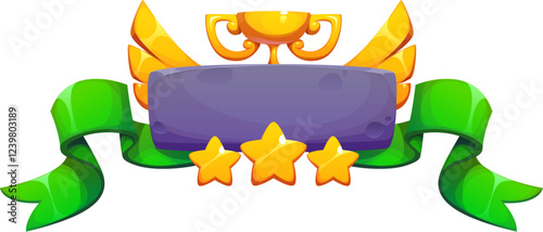 Level completed game badge with victory golden goblet cup and stars, vector GUI asset. Level up achievement badge with congratulations and cartoon golden wings on green ribbon for game pop up asset