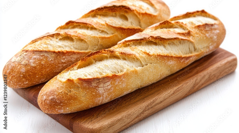 Two freshly baked baguettes on a wooden cutting board. Two freshly baked baguettes on a wooden cutting board.