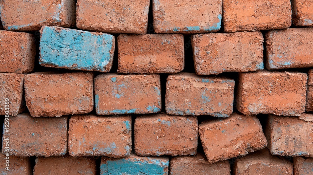 Fototapeta premium A close-up view of stacked bricks with some showing blue paint, suggesting construction use.