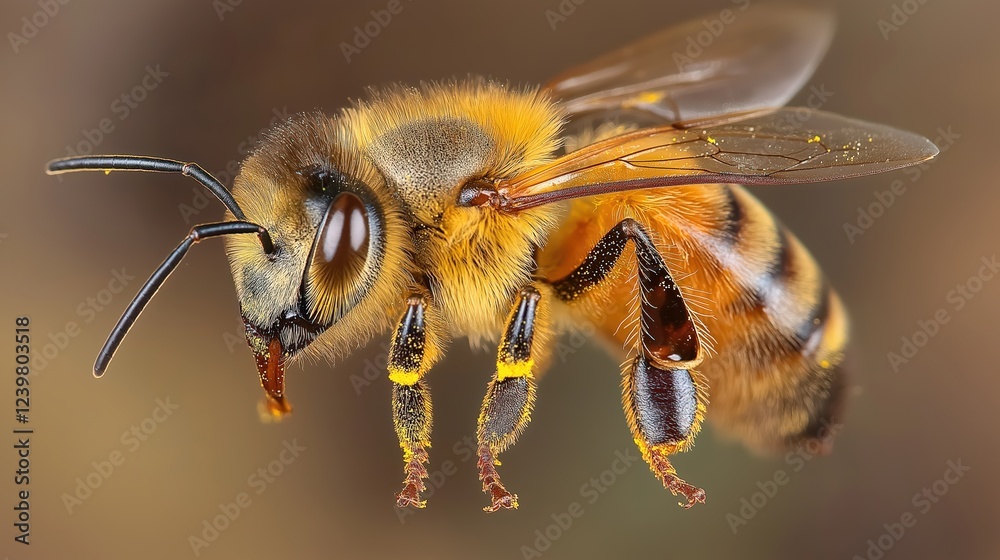Close Up Of Honeybee In Flight Against Brown Background Close Up Of Honeybee In Flight Against Brown Background