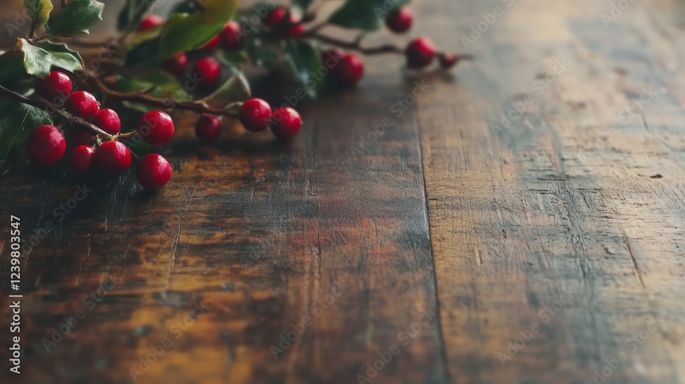 Rustic Winter Berries on Weathered Wood Background