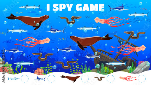 Kids i spy game worksheet with sea animals. Counting puzzle, object finding riddle or kids calculation quiz vector worksheet with seal, squid, eel, marlin swordfish and barracuda animals characters