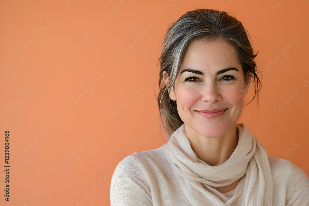 Confident and Radiant: A captivating portrait of a beautiful mature woman with a warm, genuine smile, exuding confidence and inner strength.