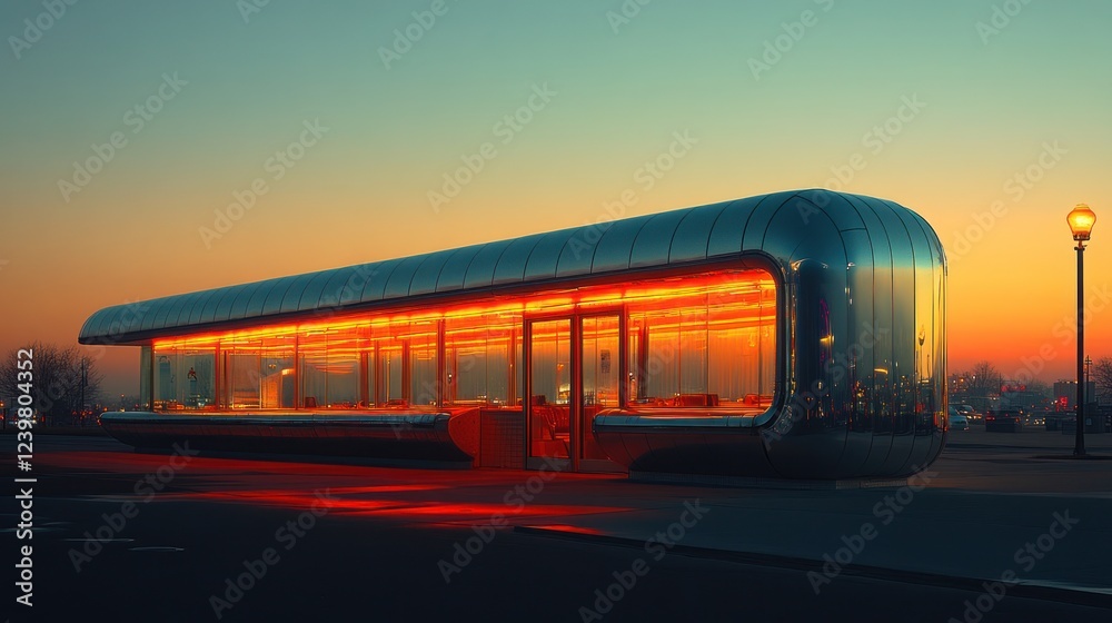 Fototapeta premium Futuristic bus stop illuminated at sunset.