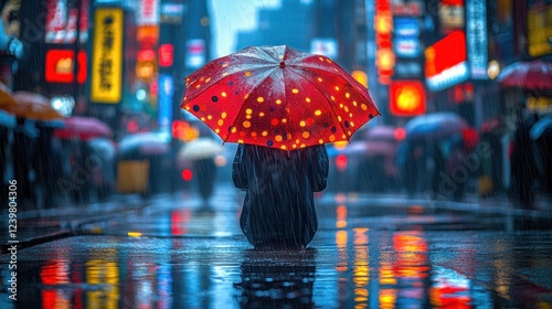 Wallpaper Mural Solitary figure with red polka dot umbrella sits on rainy city street at night, surrounded by colorful neon lights and reflections. Torontodigital.ca