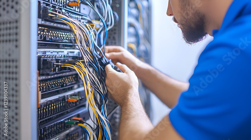 Network Engineer at Work: A focused network engineer meticulously connects cables to a server rack, his hands moving with precision and purpose.
