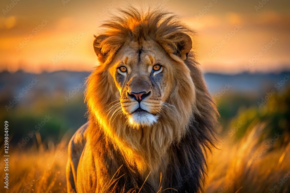 Naklejka premium Majestic Lion King of Savannah: Powerful Portrait Photography