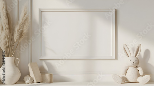 Neutral Nursery Mockup: A minimalist nursery scene featuring a large blank frame, pampas grass in a ceramic vase, a soft toy bunny, and subtle neutral decor. Ideal for showcasing artwork or designs. 