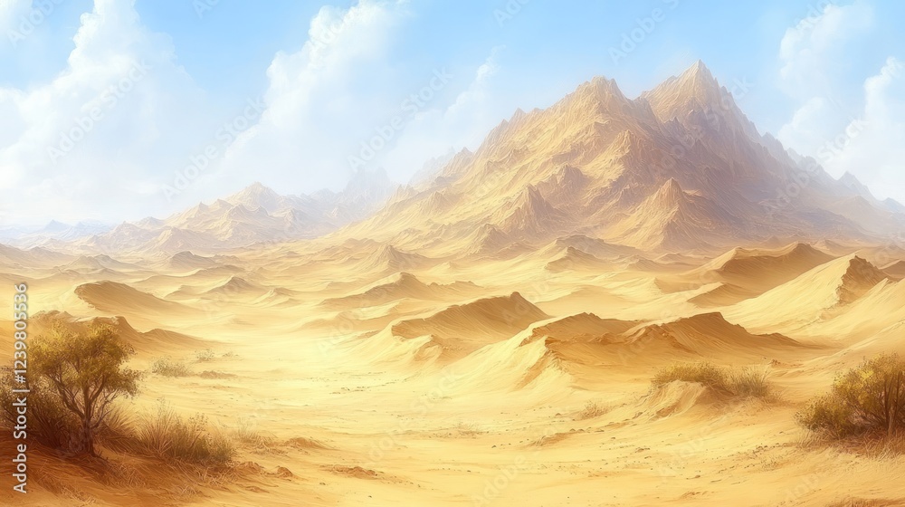 Naklejka premium Sunny desert landscape with golden sand dunes and majestic mountains under a clear blue sky.