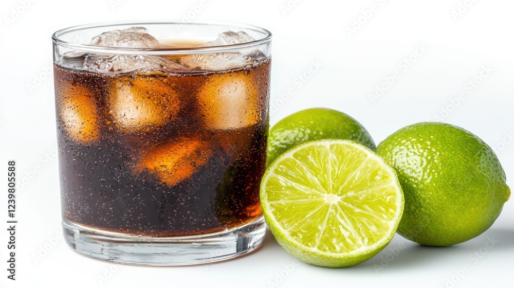 A glass of fizzy drink with ice, accompanied by fresh limes, ready for enjoyment. A glass of fizzy drink with ice, accompanied by fresh limes, ready for enjoyment.