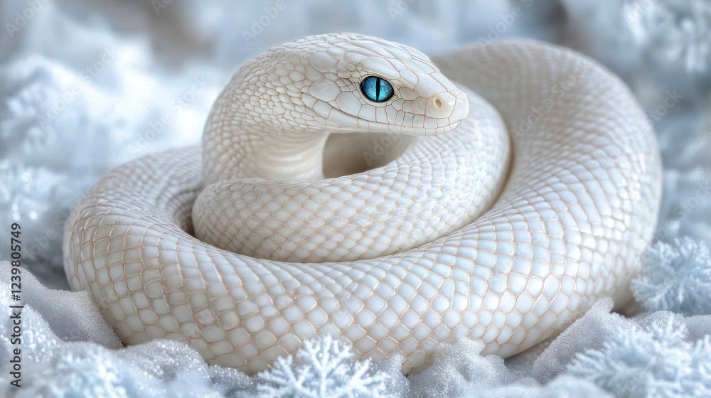 Fototapeta premium Albino snake coiled on snowy background.