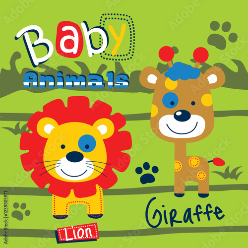 Cartoon baby lion and giraffe with colorful patterns and paw prints in playful design. Children's animal theme concept
 photo