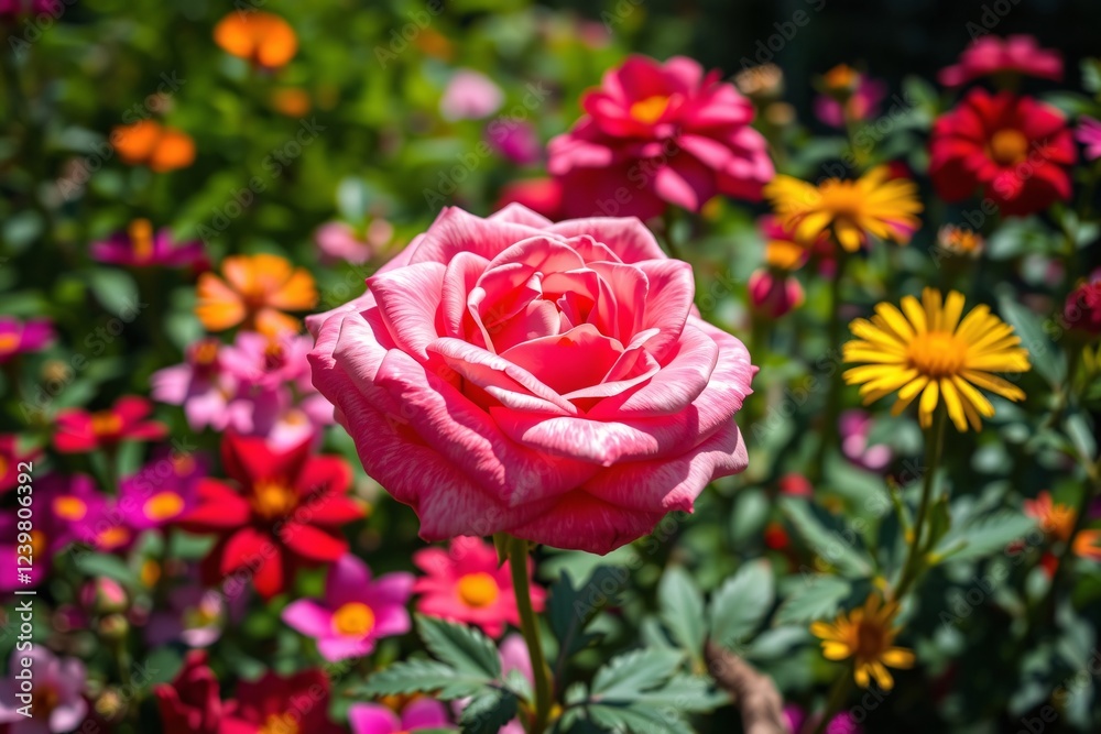A beautiful pink rose blooms vibrantly in a sunny garden amidst a diverse selection of colorful flowers and green foliage, evoking feelings of natural beauty, peace, and seasonal charm. A beautiful pink rose blooms vibrantly in a sunny garden amidst a diverse selection of colorful flowers and green foliage, evoking feelings of natural beauty, peace, and seasonal charm.