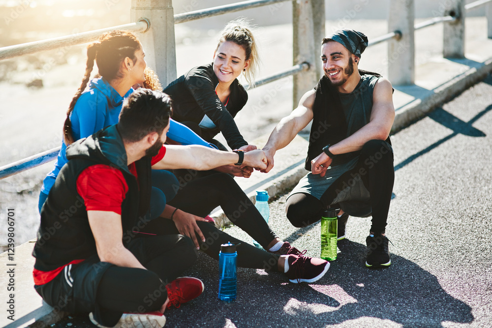 Fototapeta premium Fist bump, sports and group of people outdoor with running for workout, health or wellness. Bonding, fitness and athletes with motivation for cardio exercise for race or marathon in solidarity.
