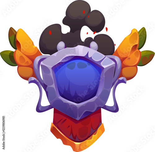 Defeat game icon or badge, gui fantasy arcade final banner. Vector level end label, pop up medieval videogame screen. Lose battle sign with a winged stone shield, black smoke and withered leaves