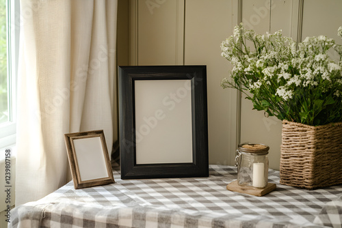 Empty Frames Mockup: Two empty picture frames, one black and one rustic wood, sit on a gingham tablecloth alongside a vase of white flowers and a candle in a mason jar.
