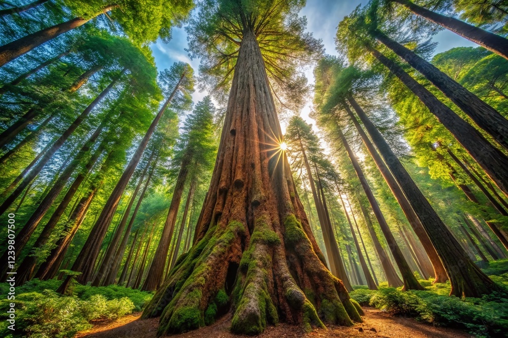 Majestic Redwood Towering Over Lush Forest Floor Majestic Redwood Towering Over Lush Forest Floor